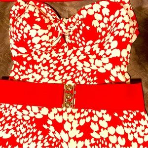 Red floral print midi dress with built in bra and adjustable straps